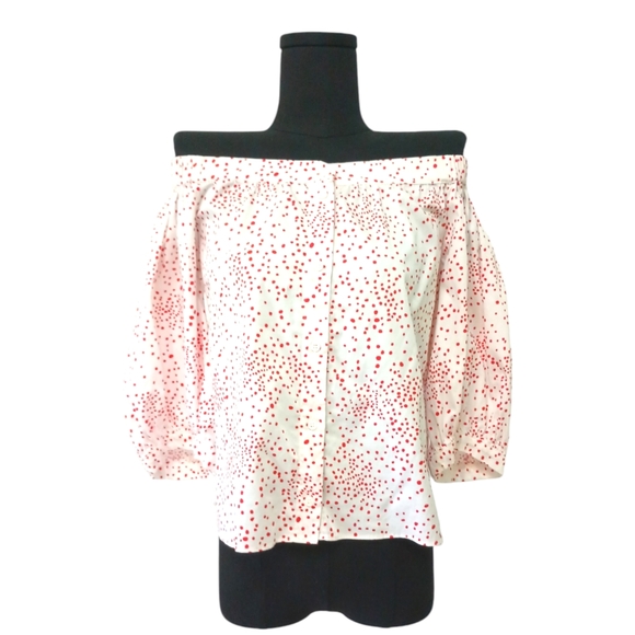 H&M Red and White Polka Dot Off-the-Shoulder Balloon 3/4 Sleeve Button Down Top - Picture 5 of 13